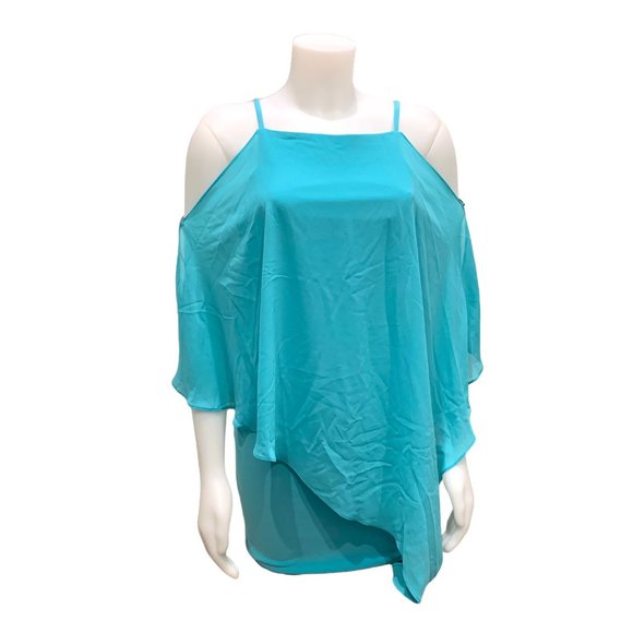 Size XXS Le Chateau Women Off Shoulder Cape Dress Chiffon Turquoise Knee Length - Picture 4 of 9